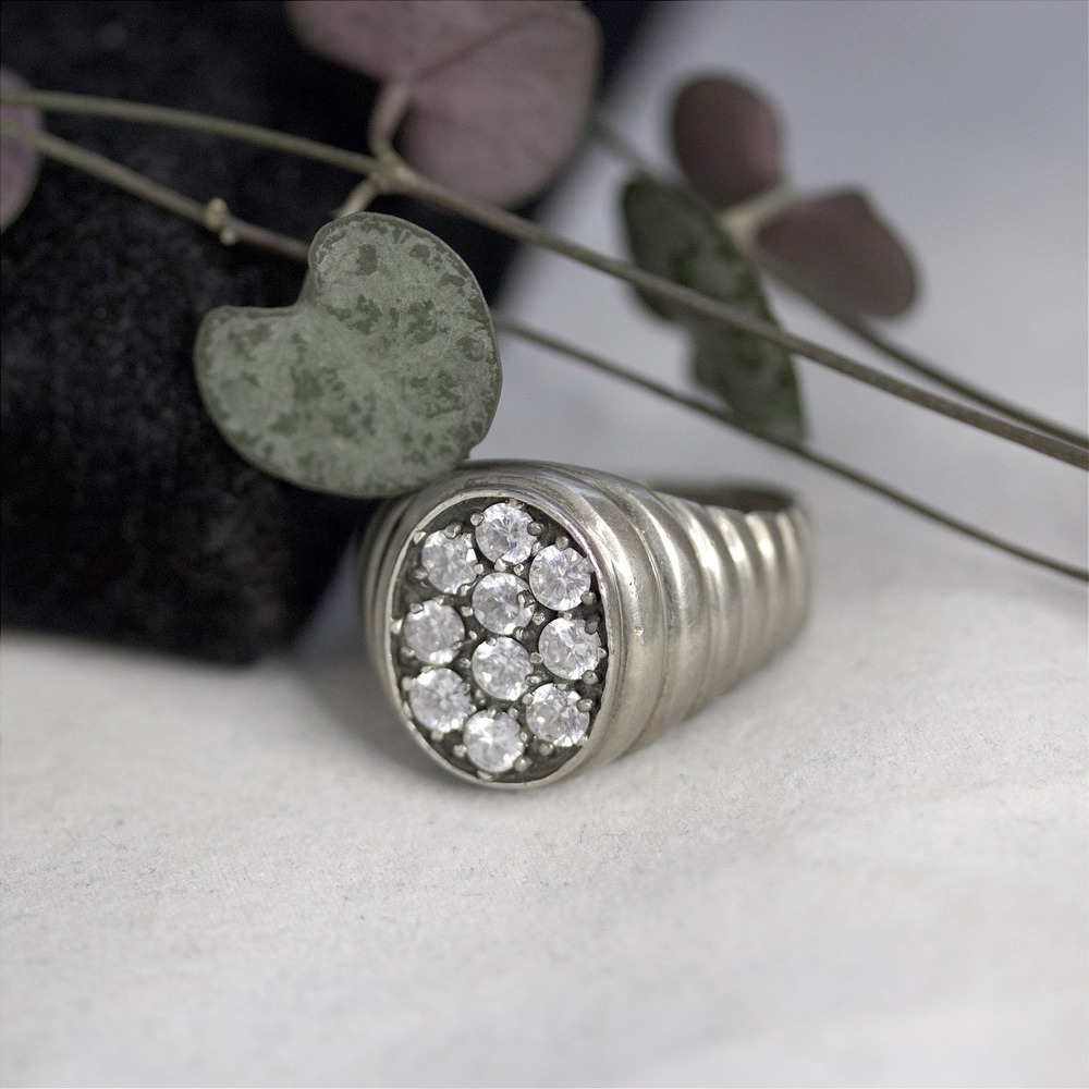 VTG Sterling Silver 925 Mens Signet Ring Ribbed Band Cluster Pave Size 11